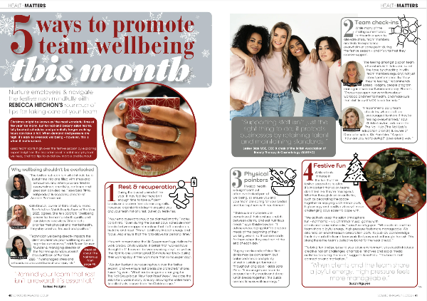 Magazine article on promoting team wellbeing with text and images of people and activities.