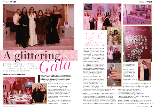 Magazine layout featuring a gala event with images of attendees and text.