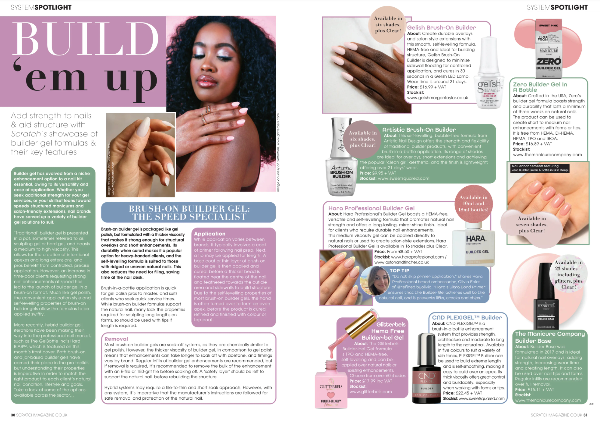 Magazine spread featuring nail care products and a woman with painted nails.