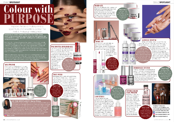 Magazine spread featuring a skincare product line with text and images of products and hands.