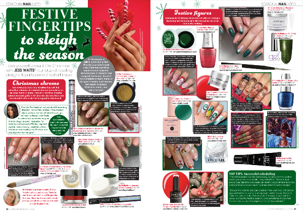 Magazine spread featuring nail polish products and festive nail art designs.