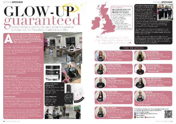 Magazine or newspaper layout with 'Glow-Up Guaranteed' headline and various images and text sections.