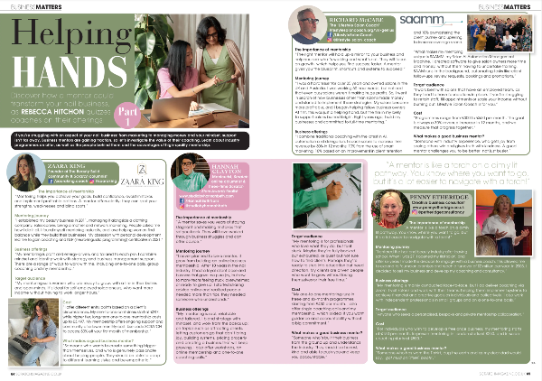Magazine layout with articles and images of people, featuring a focus on 'Helping Hands'.