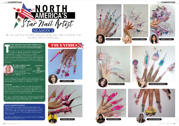 Magazine layout featuring North America's Star Nail Artist competition with nail art entries.