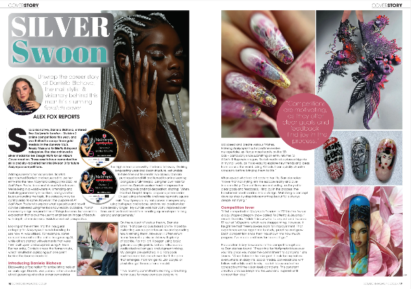 Magazine layout with nail art images and text on a white background