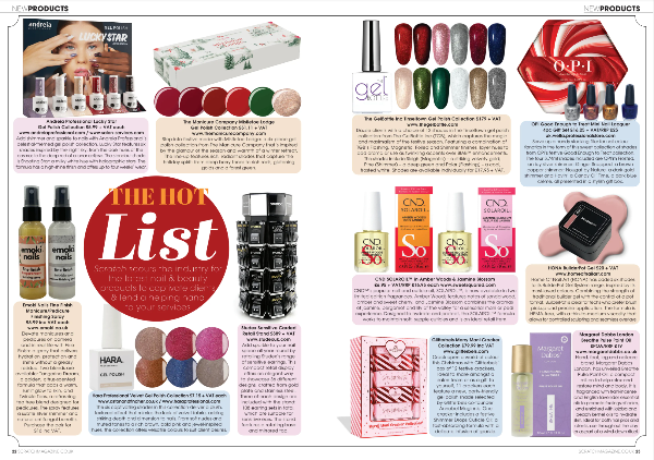Magazine page featuring a 'Hot List' of nail polish products with various brands and colors.